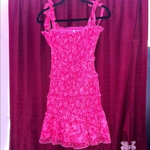 Vibrant Pink Floral Dress with Ruffle Accents